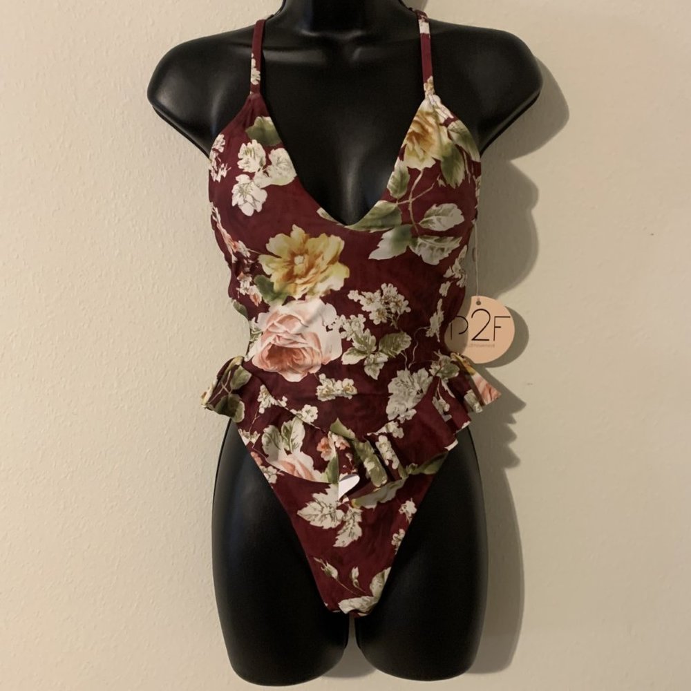 P2F Floral Open Tie Back Ruffle V-Neck One Piece Bathing Suit